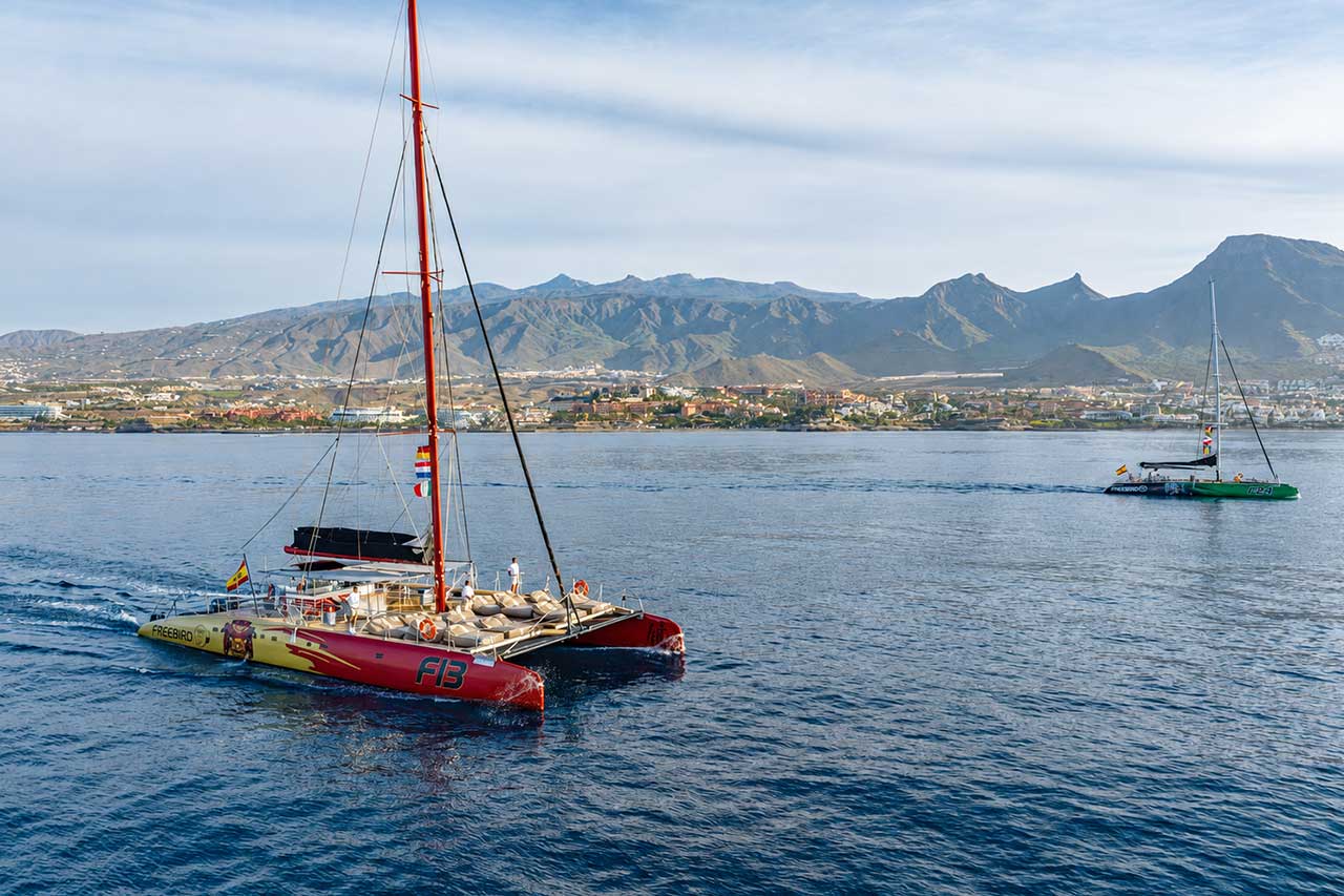 Freebird F13 and F24 catamarans cruising off Tenerife with the island’s dramatic mountains and coastline in the background