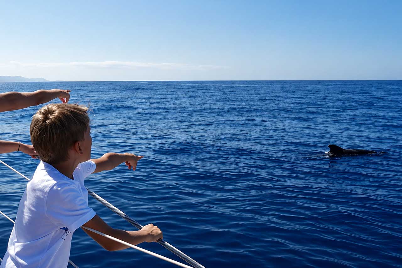 A young guest spots a dolphin from the Freebird catamaran during a wildlife watching experience in Tenerife