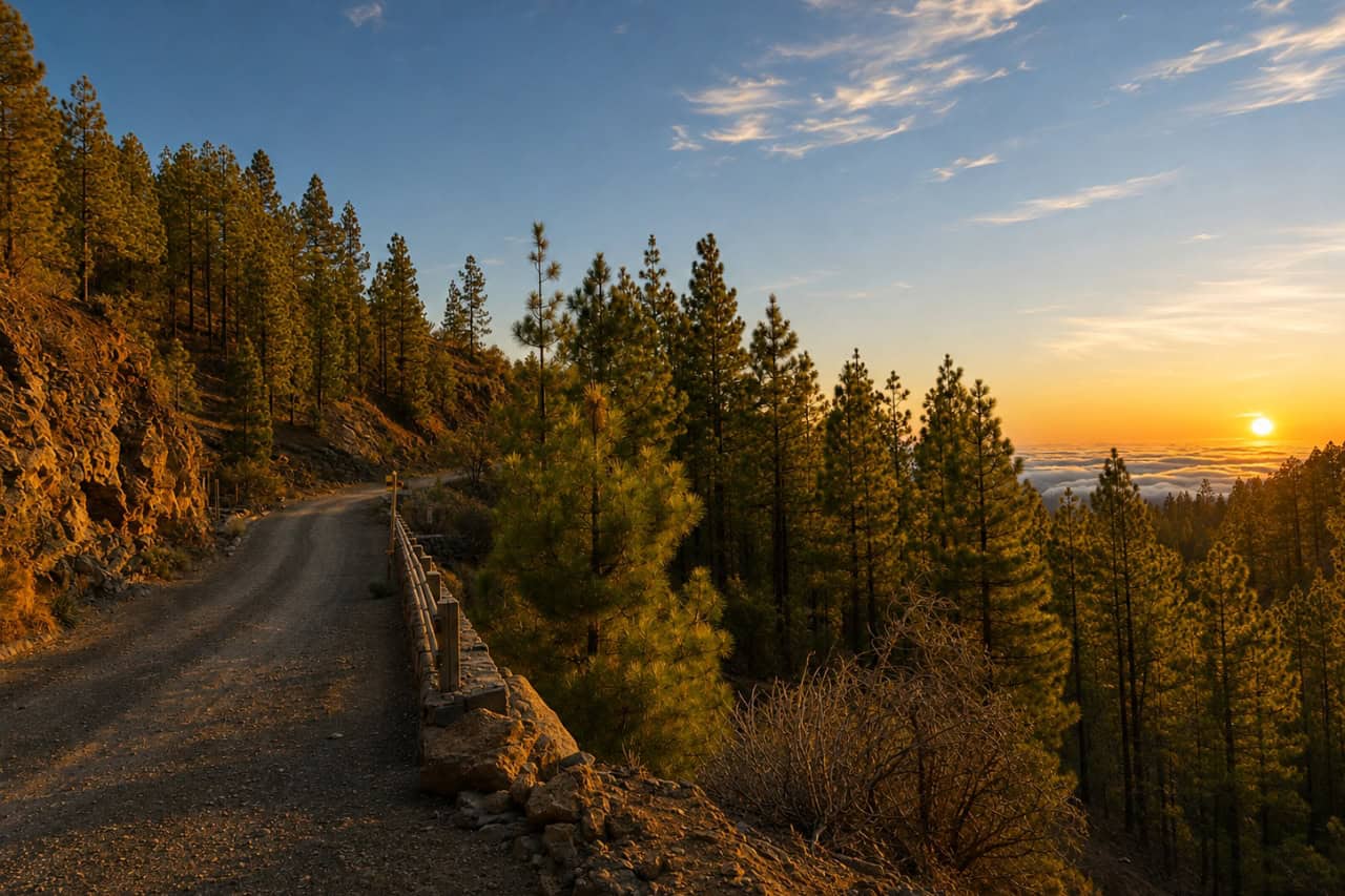 Horská cesta cez borovicový les na Tenerife smerom k Teide