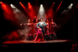 Flamenco dancers performing during the Olé Flamenco Show Tenerife at GF Victoria in Costa Adeje, featuring dramatic Spanish dance and live stage entertainment.
