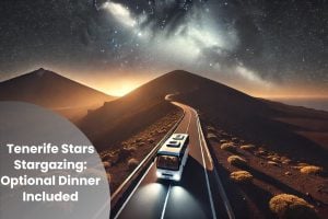 Prachtige sterrenhemel tijdens de Tenerife Stars sterrenkijktour, met een bus die door het donkere landschap rijdt in de buurt van Mount Teide, diner optioneel