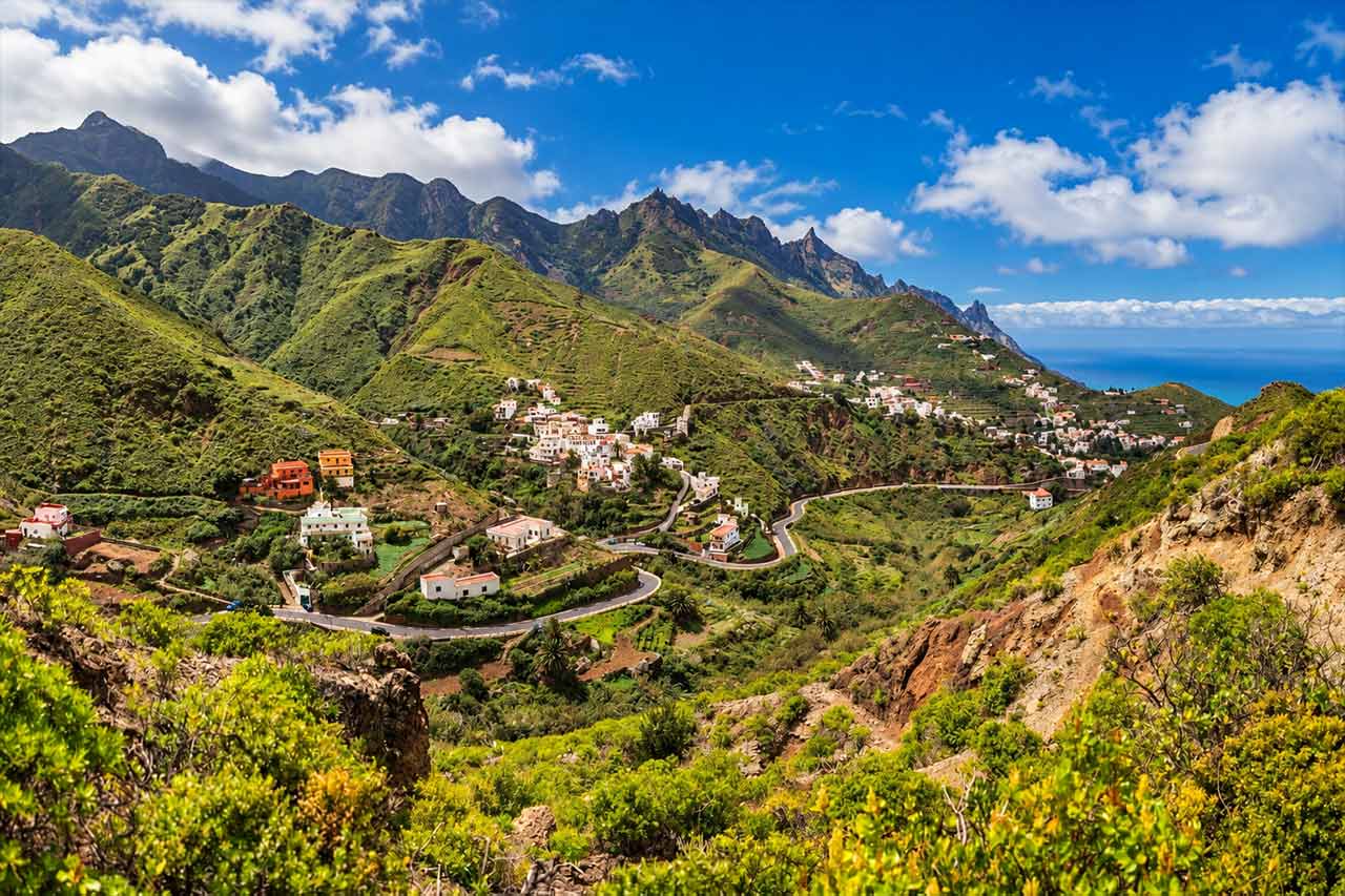Sweeping view across the green mountains, winding roads and remote settlements of Anaga Rural Park, where the tour finishes among some of northern Tenerife’s most spectacular scenery.