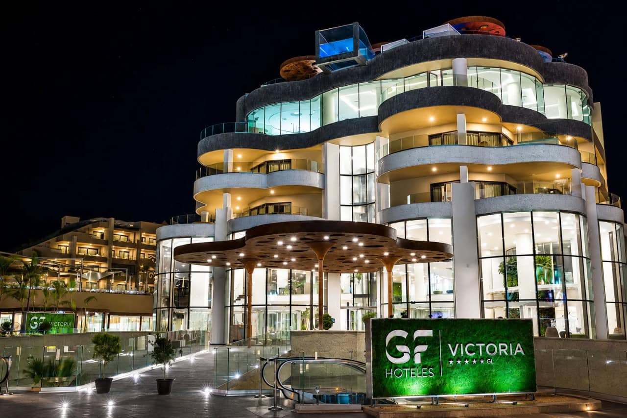 GF Victoria luxury hotel illuminated at night in Costa Adeje Tenerife
