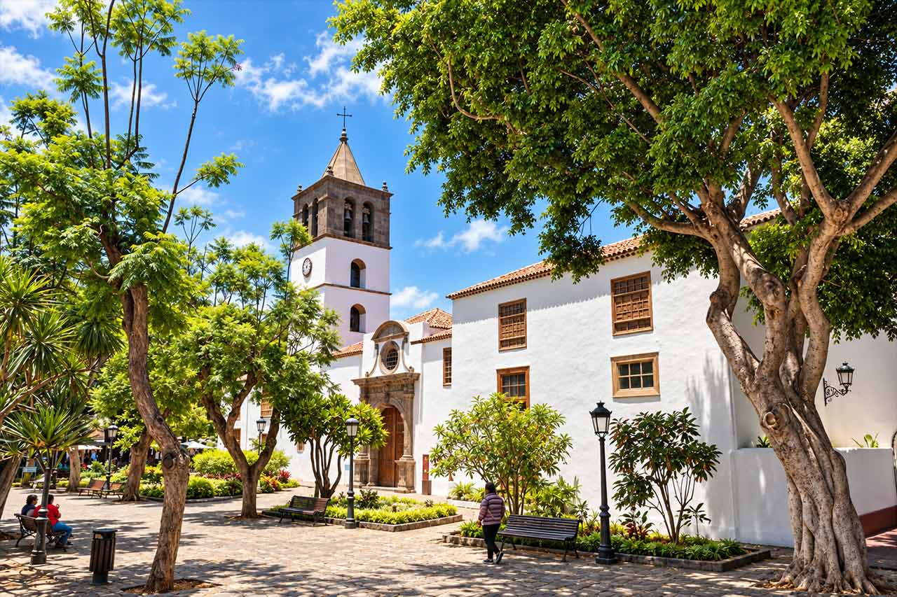Traditional Canarian architecture and a peaceful historic square in Icod de los Vinos, where guests have time to explore the town after visiting its famous Dragon Tree.