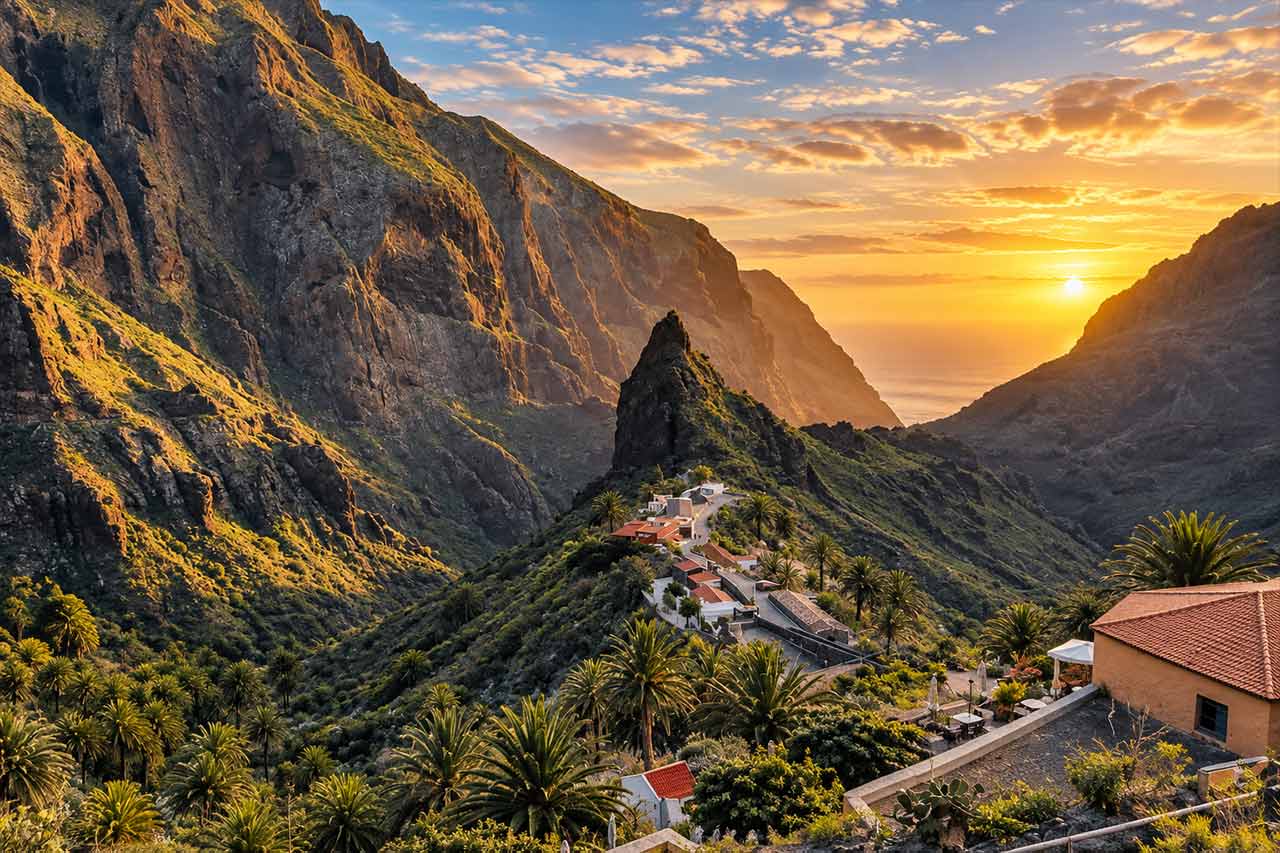 Spectacular view over Masca village surrounded by towering cliffs and deep valleys, the dramatic final stop of the Teide and Masca full-day island tour.