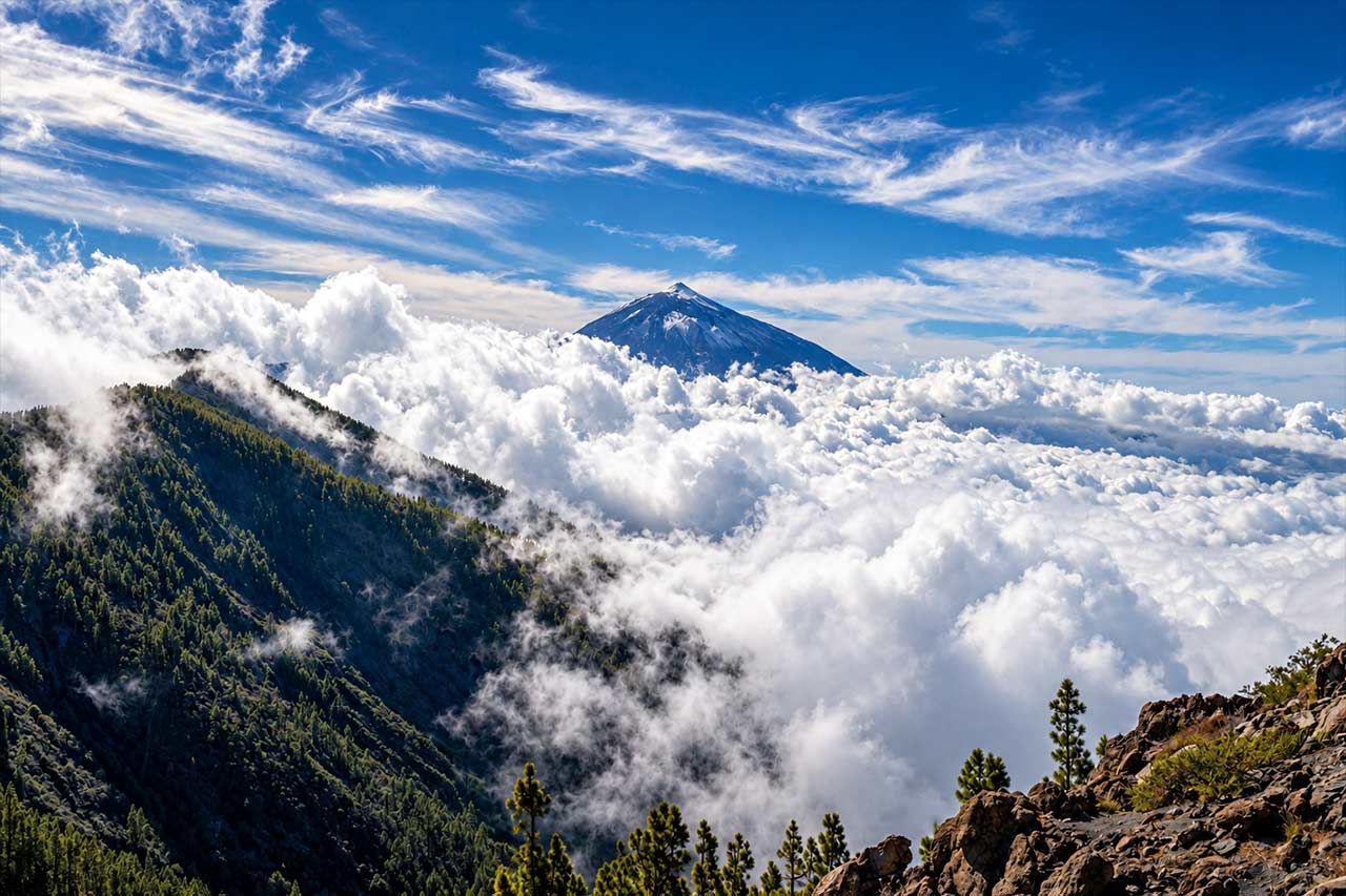 Mount Teide rises above Tenerife's cloud layer, capturing the dramatic high-altitude scenery experienced as the tour travels through the island's volcanic mountain landscape.