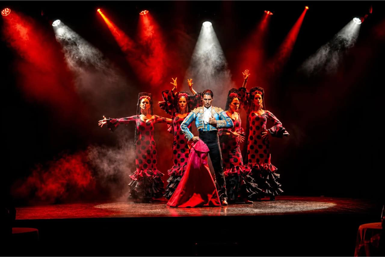 Olé Flamenco Show dancers performing on stage under dramatic red lights in Tenerife