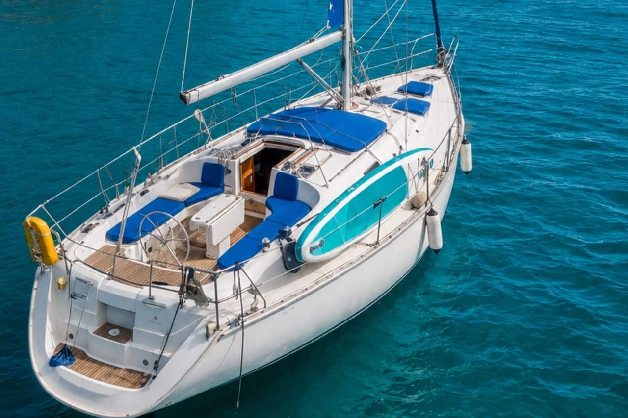 De witte zeilboot met blauwe zitplaatsen en een SUP-board op zee
