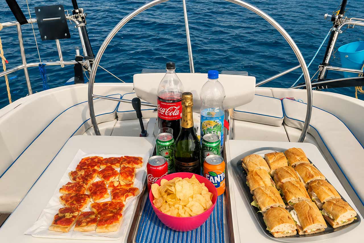 Snacks en drankjes aan boord van de zeilboot Skyline I op Tenerife, waaronder pizza, sandwiches, chips en verfrissingen bij het stuurwiel van de kuip.