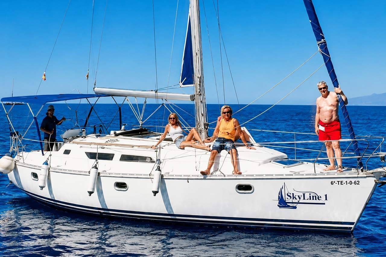 Skyline zeiljacht vaart op de Atlantische Oceaan met gasten die genieten van een zonnige dag op zee op Tenerife