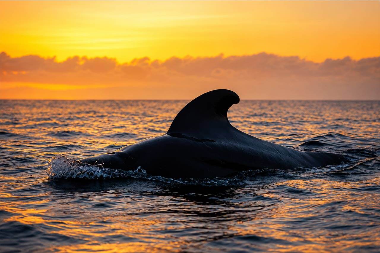 Una ballena emergiendo en el Océano Atlántico durante un crucero al atardecer dorado en Tenerife, con una cálida luz vespertina reflejándose en el agua y nubes distantes en el horizonte.