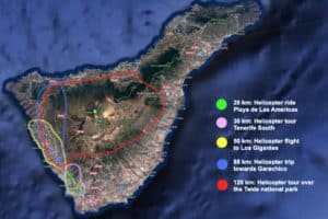 Map of Tenerife showcasing various helicopter flight paths across key landmarks and attractions, highlighting the comprehensive aerial tours available for a unique perspective of the island.