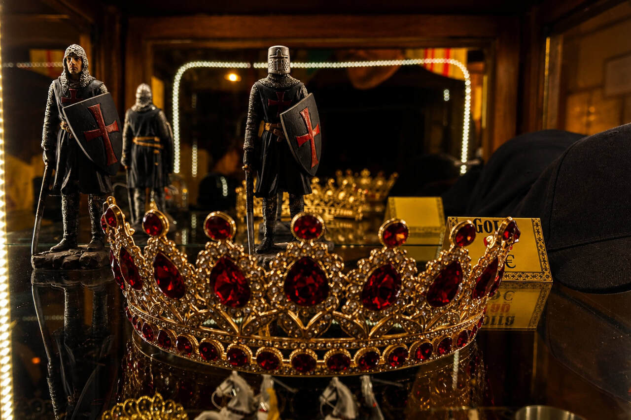 Gold-coloured crown with red stones and small knight figures displayed at a dinner and show Tenerife venue.