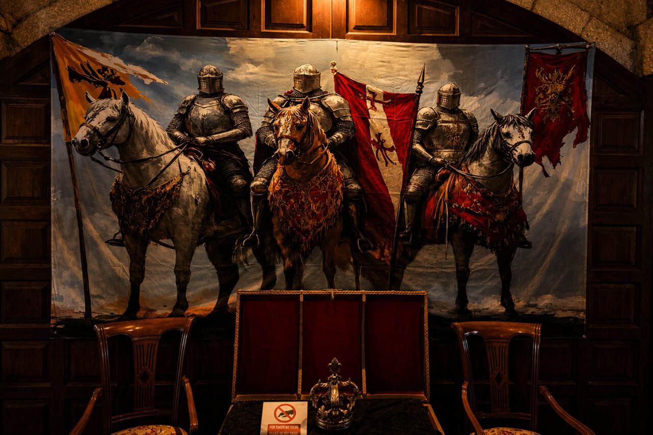 Large backdrop of armored knights on horseback displayed inside a medieval castle show Tenerife setting.