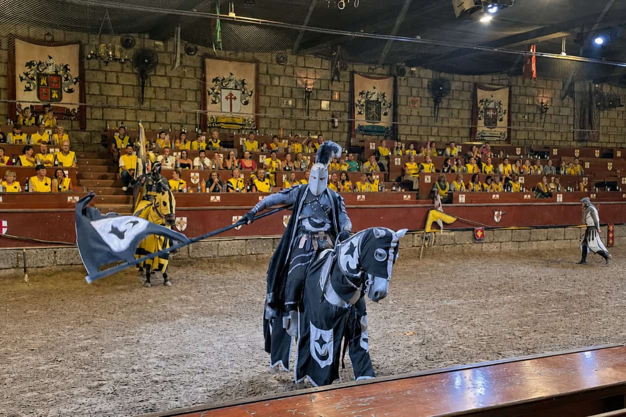 Black and gray armored character carrying a flag in the arena during a medieval show Tenerife performance.