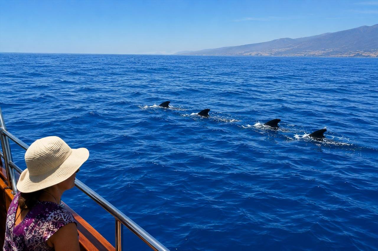 The Peter Pan sailing boat cruising off Tenerife while several short-finned pilot whales swim nearby and guests watch from the deck against the island’s volcanic coastline.