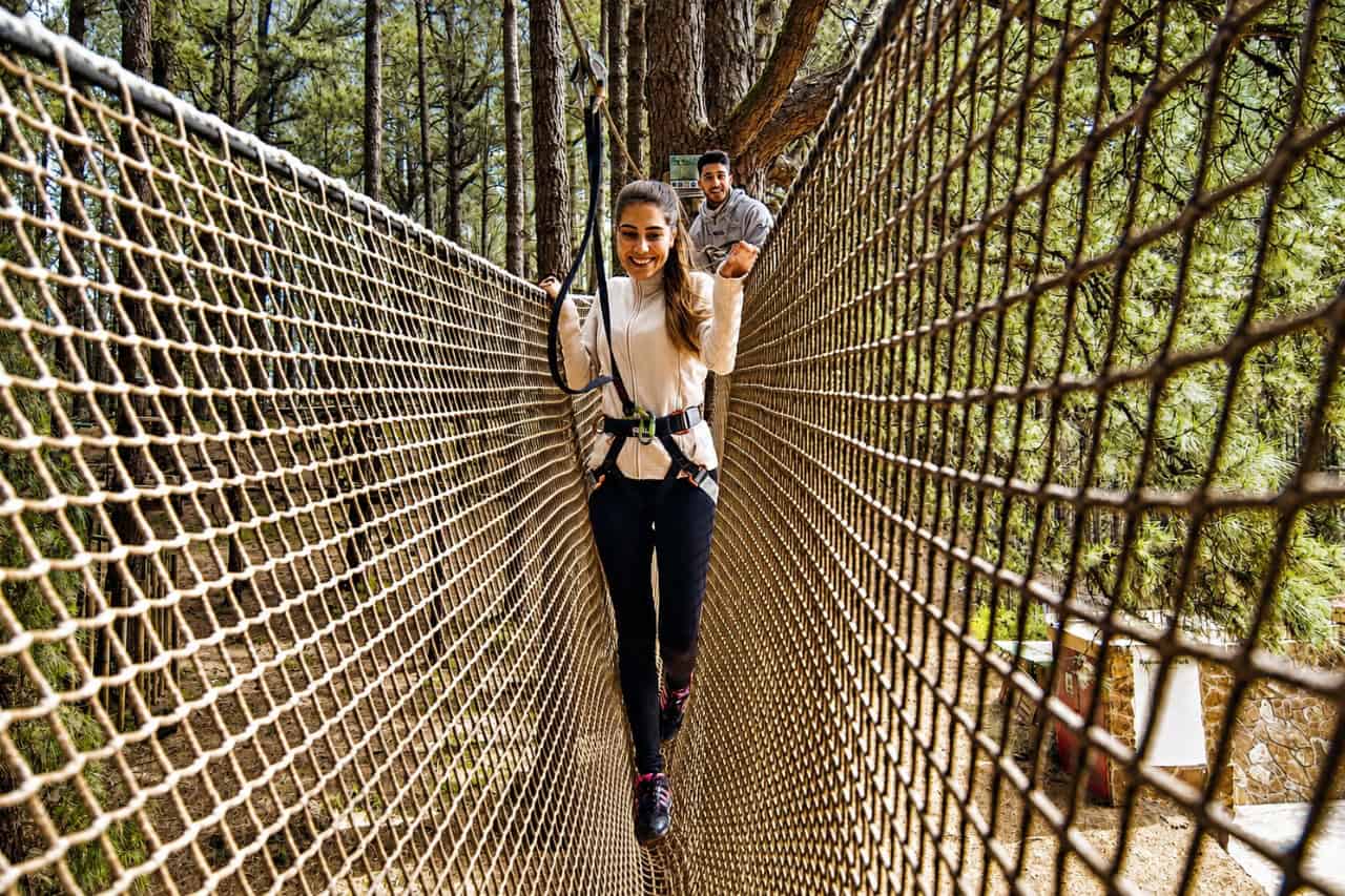 Visitors crossing a rope bridge at Forestal Park Tenerife