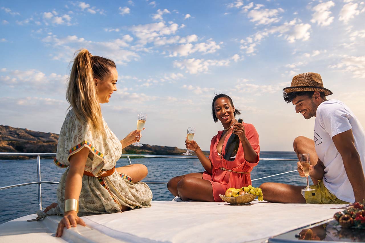 Friends relaxing on the bow of the Seaduction with drinks