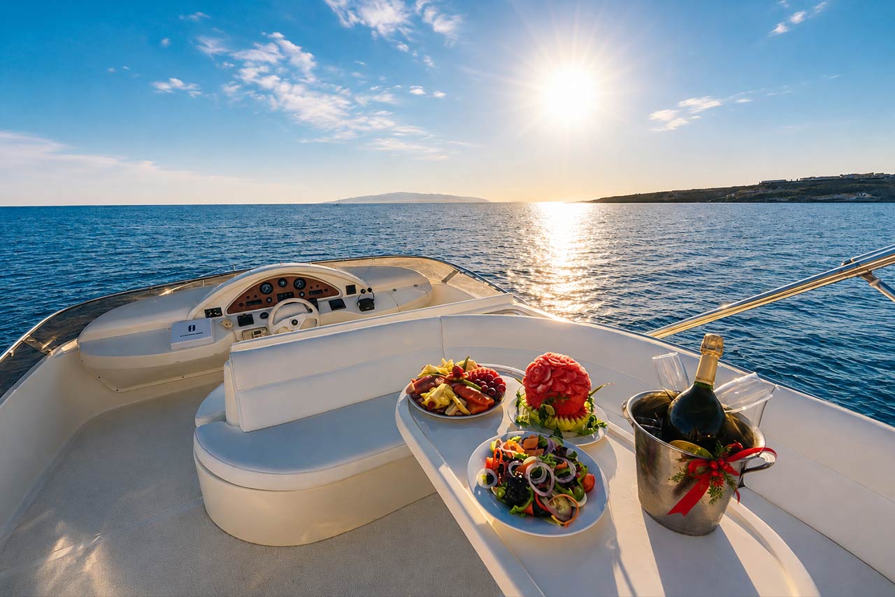 The Seaduction cruising at sunset with champagne and food on deck