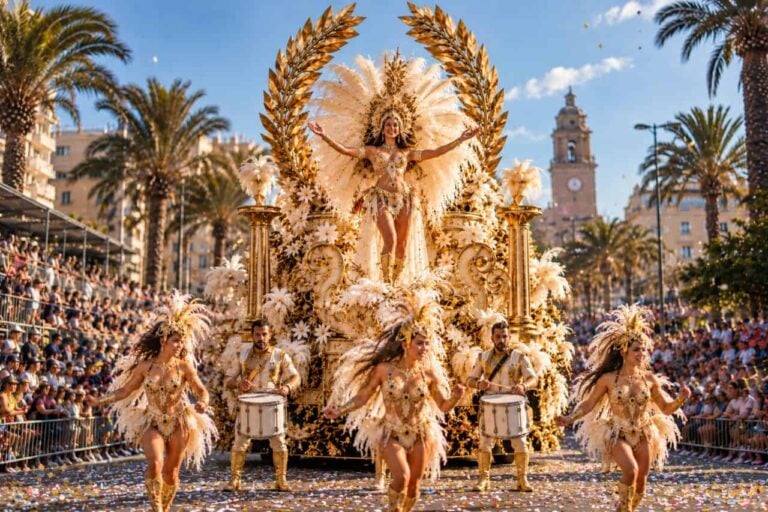 Impresia Coso Apoteosis 2027 din Santa Cruz de Tenerife, în tematica Roma Eterna, o float de aur cu un coronament de laurel pe bulevard