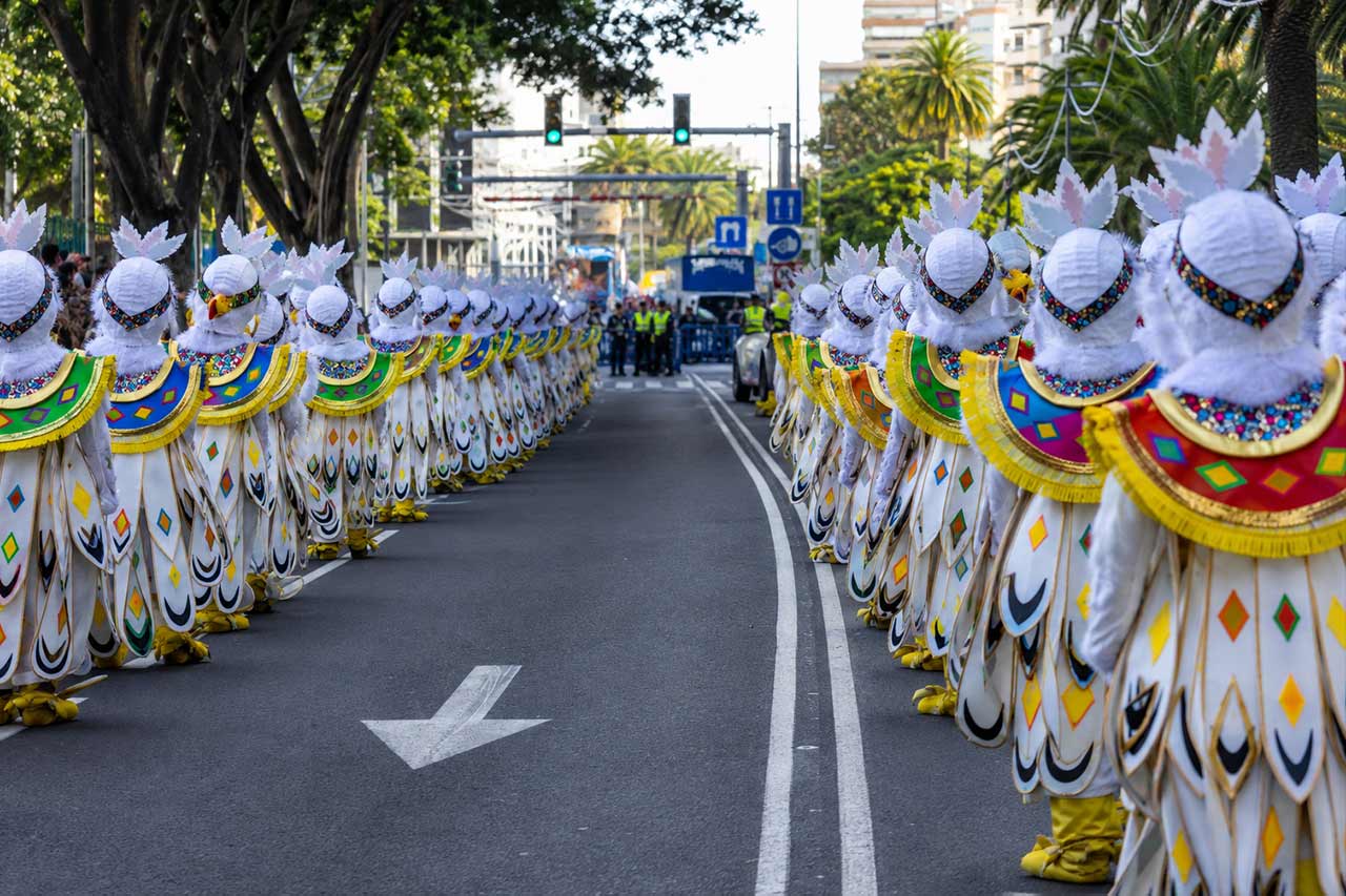 Filas de participantes del carnaval vestidos con elaborados disfraces inspirados en aves de color blanco llenan las calles de Santa Cruz de Tenerife. Sus atuendos coordinados presentan tocados de plumas, coloridas decoraciones geométricas y detalles dorados, lo que muestra la creatividad y el diseño de disfraces en grupo que hacen que el desfile del Carnaval de Tenerife sea tan distintivo