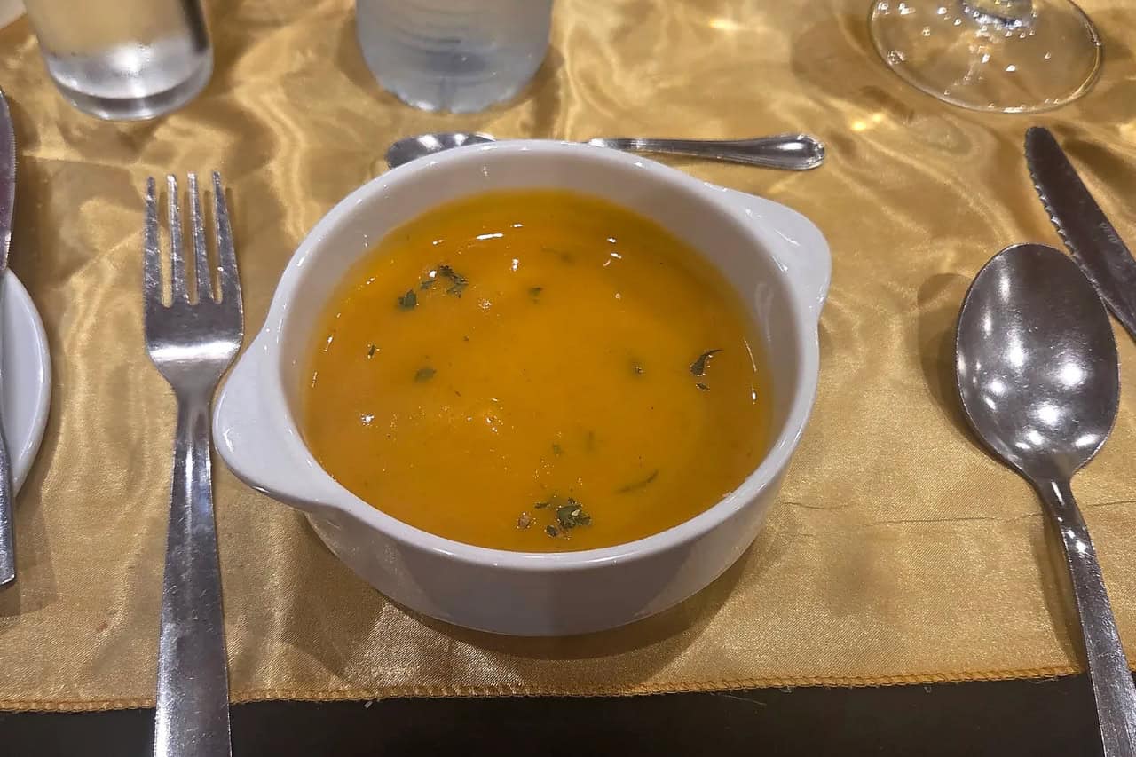 Homemade vegetable soup starter at the drag dinner show in Tenerife