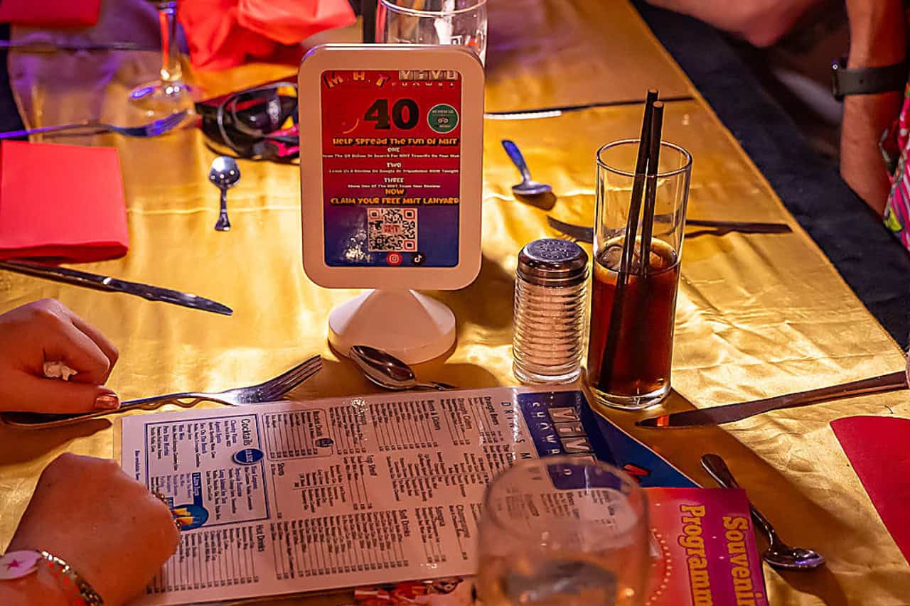 Drinks menu and table card at the MHT drag dinner show