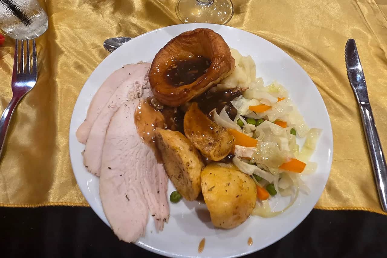Roast turkey with potatoes, vegetables and gravy served at MHT Tenerife