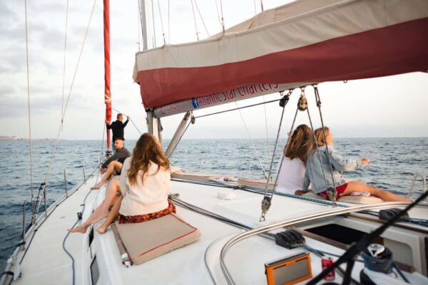 Guests relaxing on the Atlantic Star yacht during a whale watching tour in Tenerife