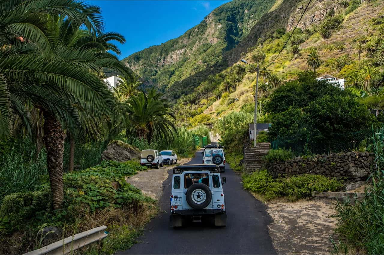Tamarán jeep travelling through a scenic valley surrounded by palm trees and mountains