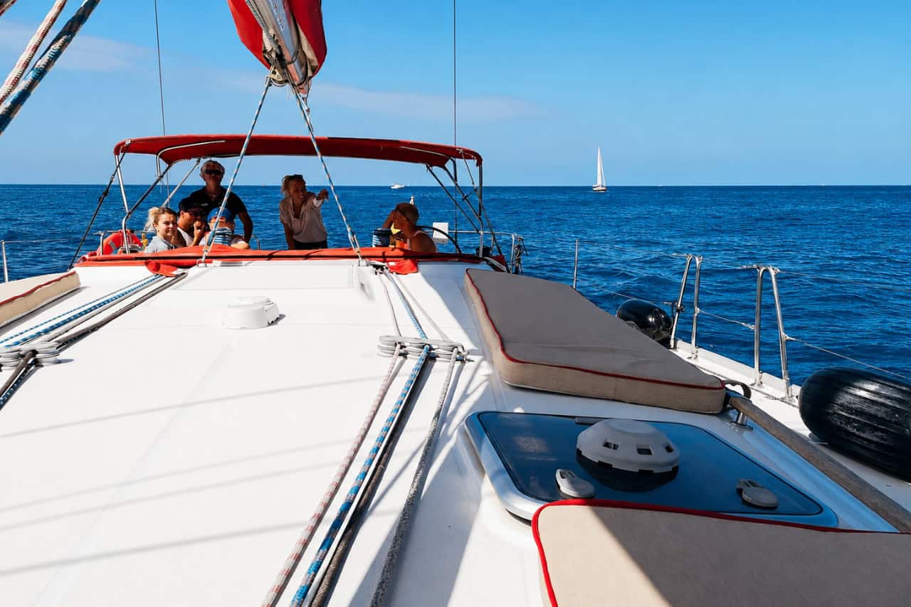 Guests and crew look towards the ocean after spotting whales during the Atlantic Star whale-watching tour in Tenerife.