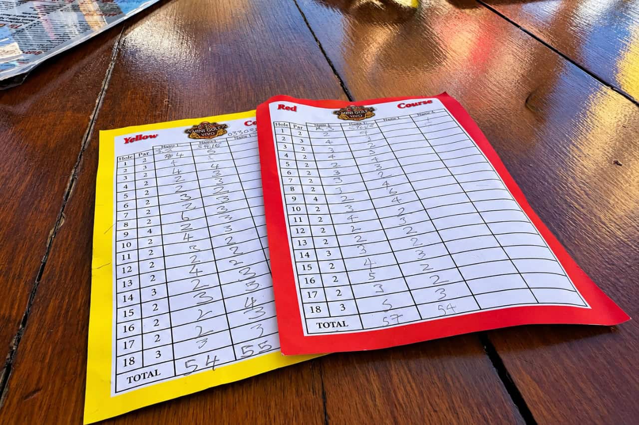 Scorecards voor de 18 holes minigolfbanen op Tenerife