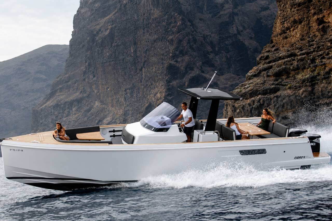 The White Heaven 11 meter motor yacht cruising off Tenerife