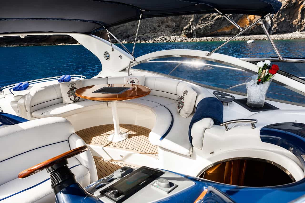 Shaded seating area on the Bellini private yacht