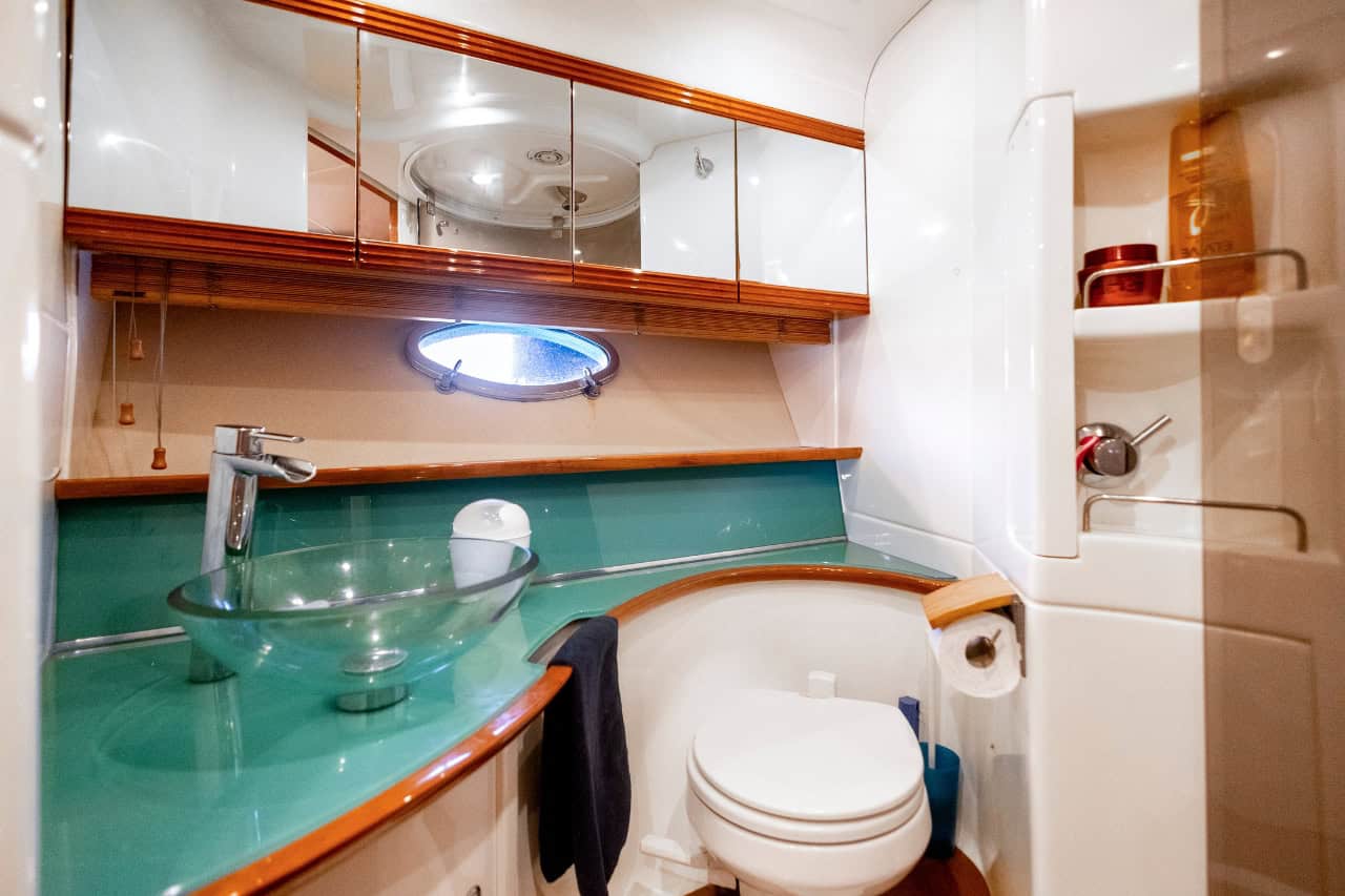 Modern bathroom onboard a luxury yacht charter in Los Gigantes Tenerife with private facilities