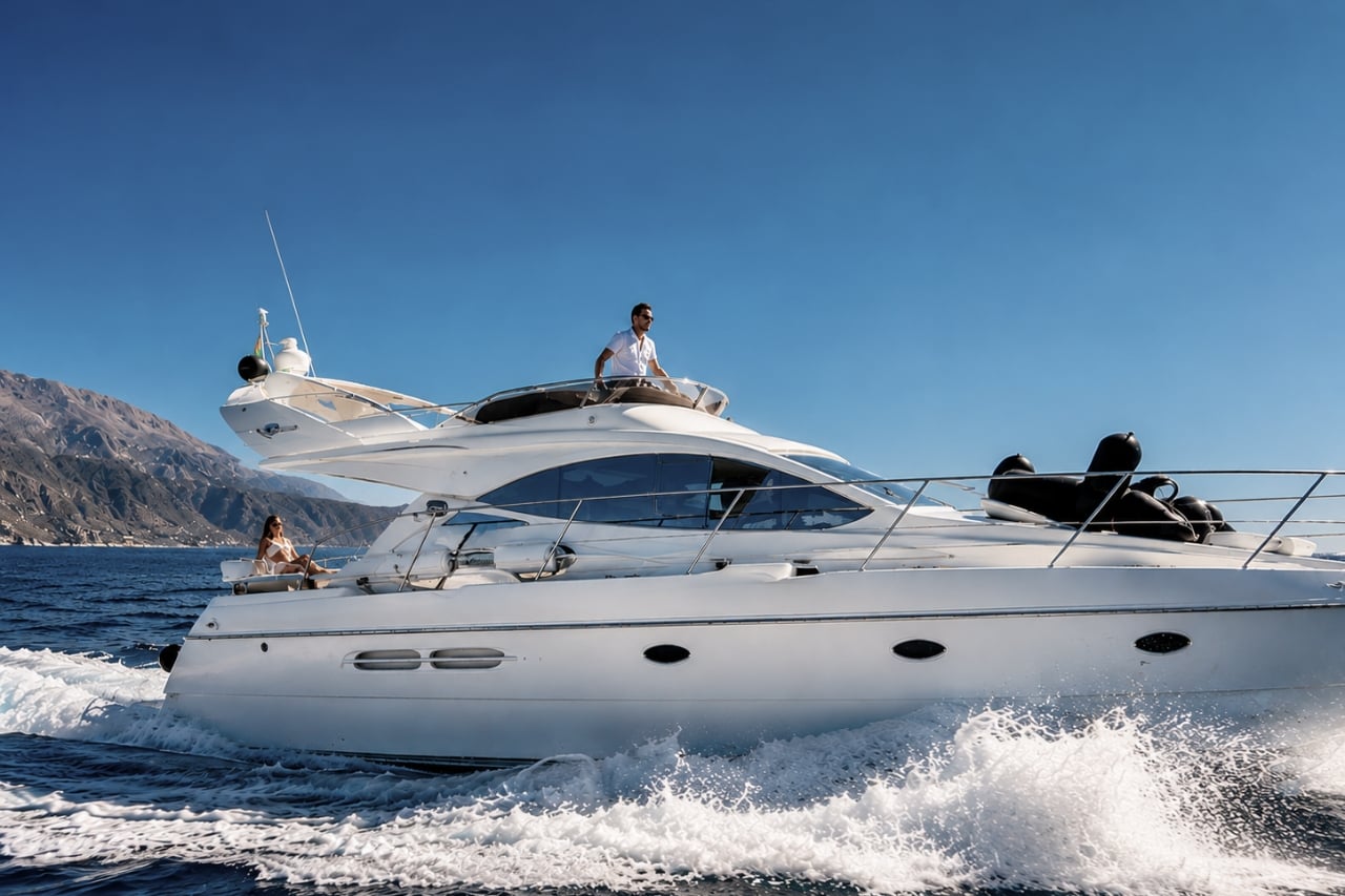 The Poker Yacht sailing in Tenerife's Atlantic waters, offering a premium private charter with elegant outdoor spaces, sunbathing areas and panoramic ocean view