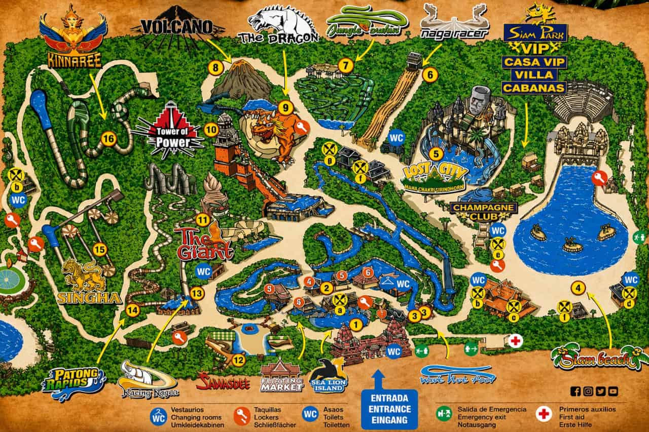Siam Park map with attractions, Siam Beach and the Lost City