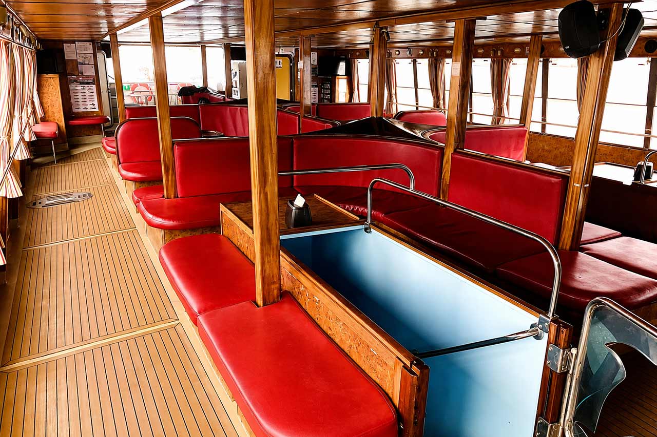 Shaded indoor seating area aboard the Royal Delfin in Tenerife