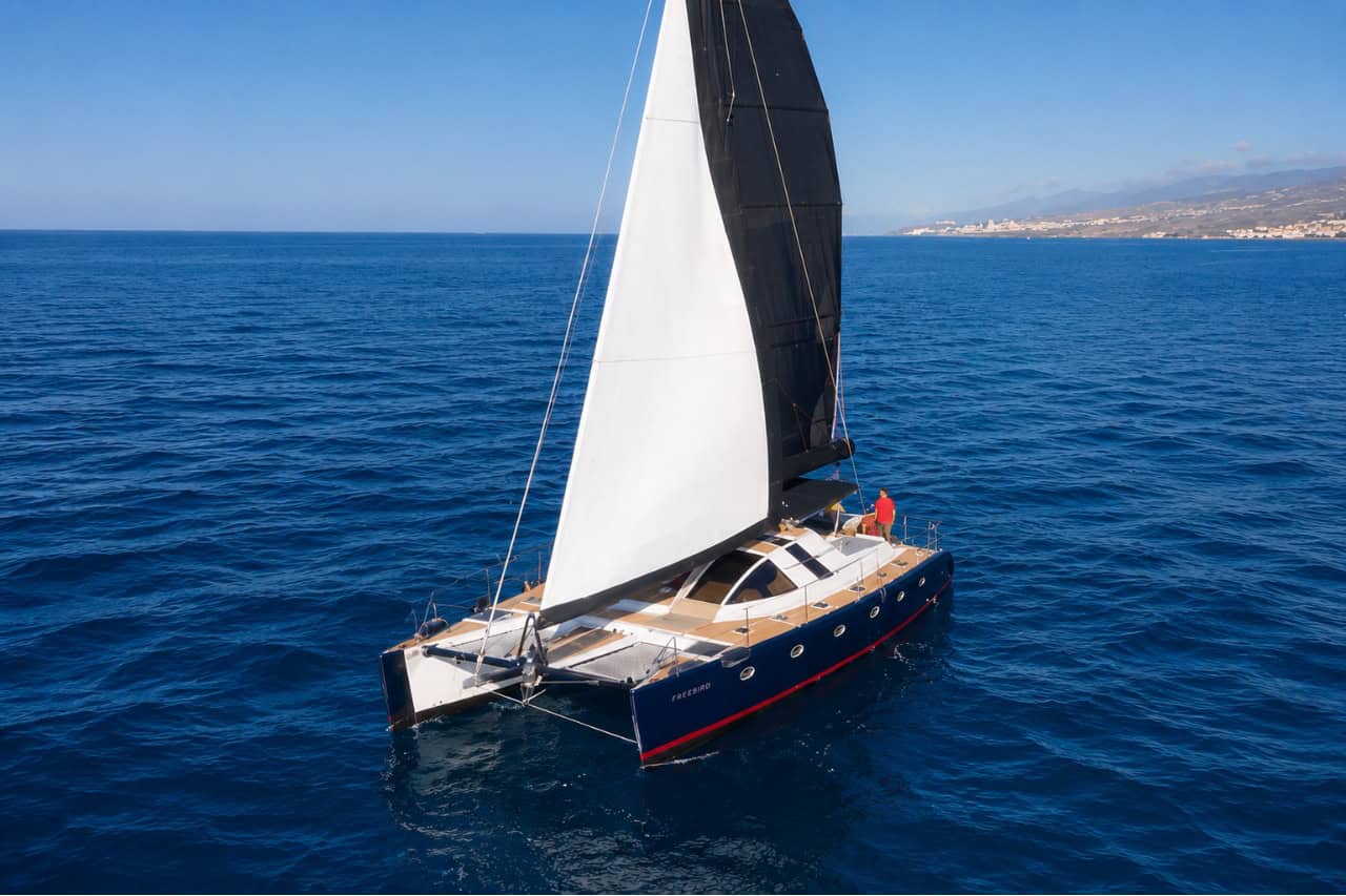 The Abrazo catamaran sailing along the Tenerife coast during a whale watching and sailing excursion, with panoramic ocean views and spacious sunbathing areas.