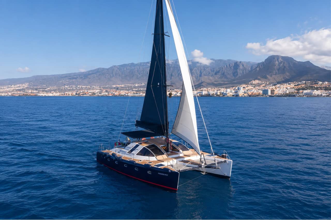 The Abrazo luxury catamaran sailing along Tenerife's coastline during a private charter, featuring spacious decks, premium sailing and panoramic ocean views.