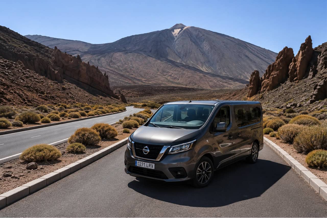 Private tour vehicle parked in Teide National Park with Mount Teide towering in the background, surrounded by volcanic landscapes, lava formations and scenic mountain roads.