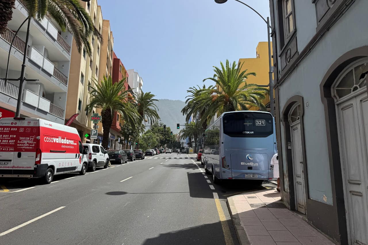 Tour coach parked on a palm-lined street in La Orotava, Tenerife island tour without Teide