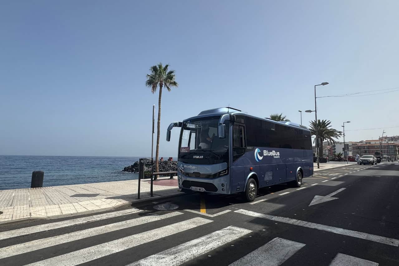 Tour coach parked beside the coast in Candelaria, Tenerife