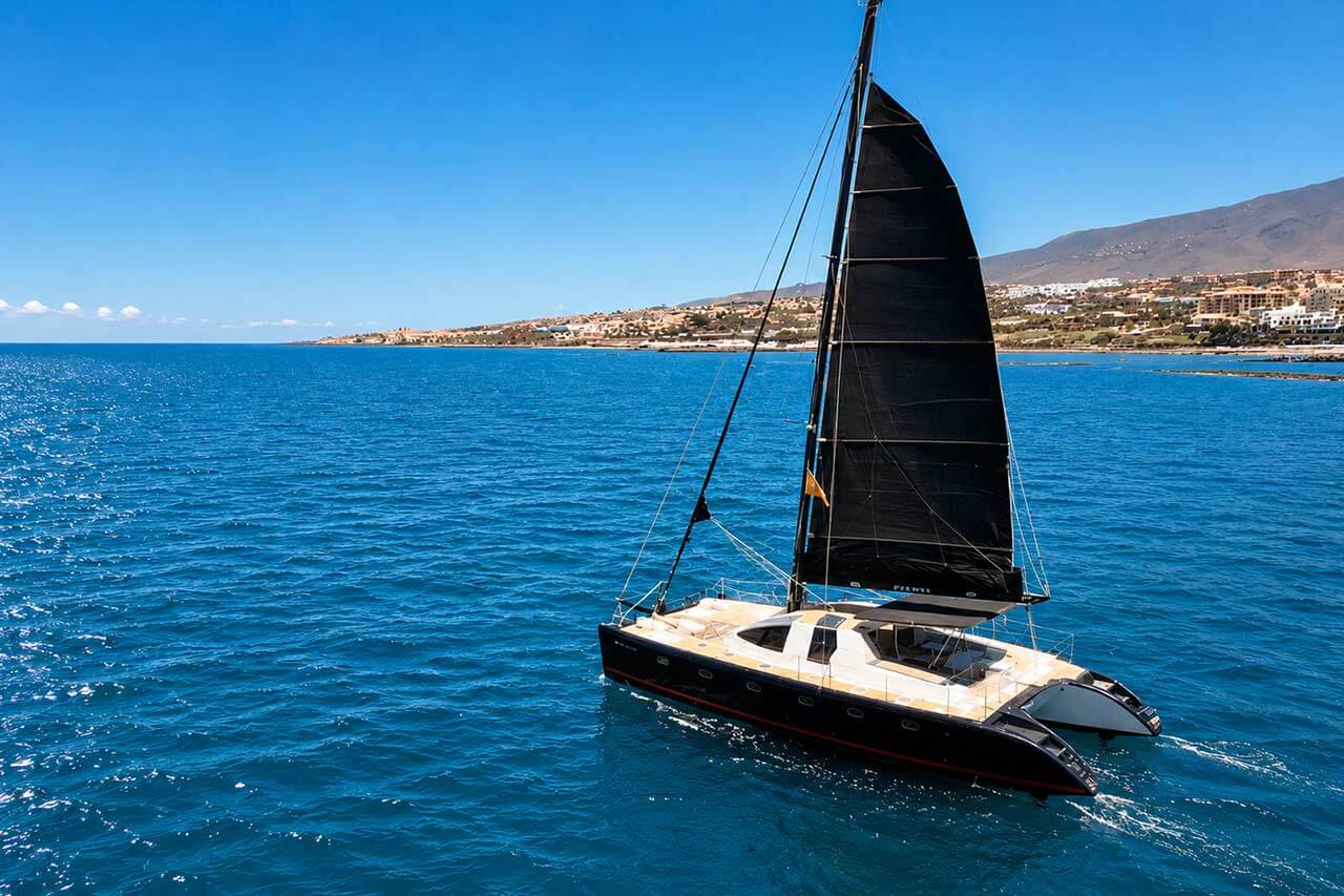 Abrazo zeilt alleen over het glinsterende Atlantische water met de kustlijn van Tenerife in de verte