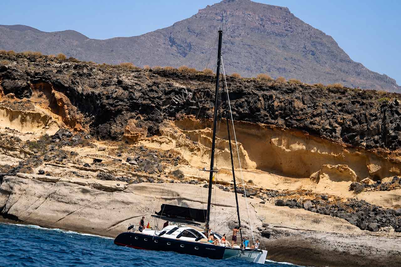 Abrazo vaart langs de dramatische vulkanische kustlijn van Tenerife tijdens een privé zeil- en excursiereis met wilde dieren