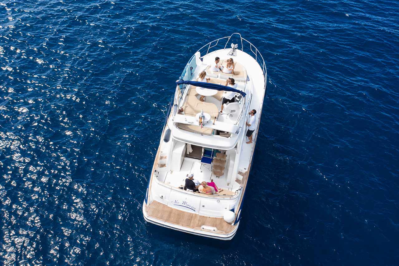 Aerial view of the No Worries yacht cruising in Tenerife
