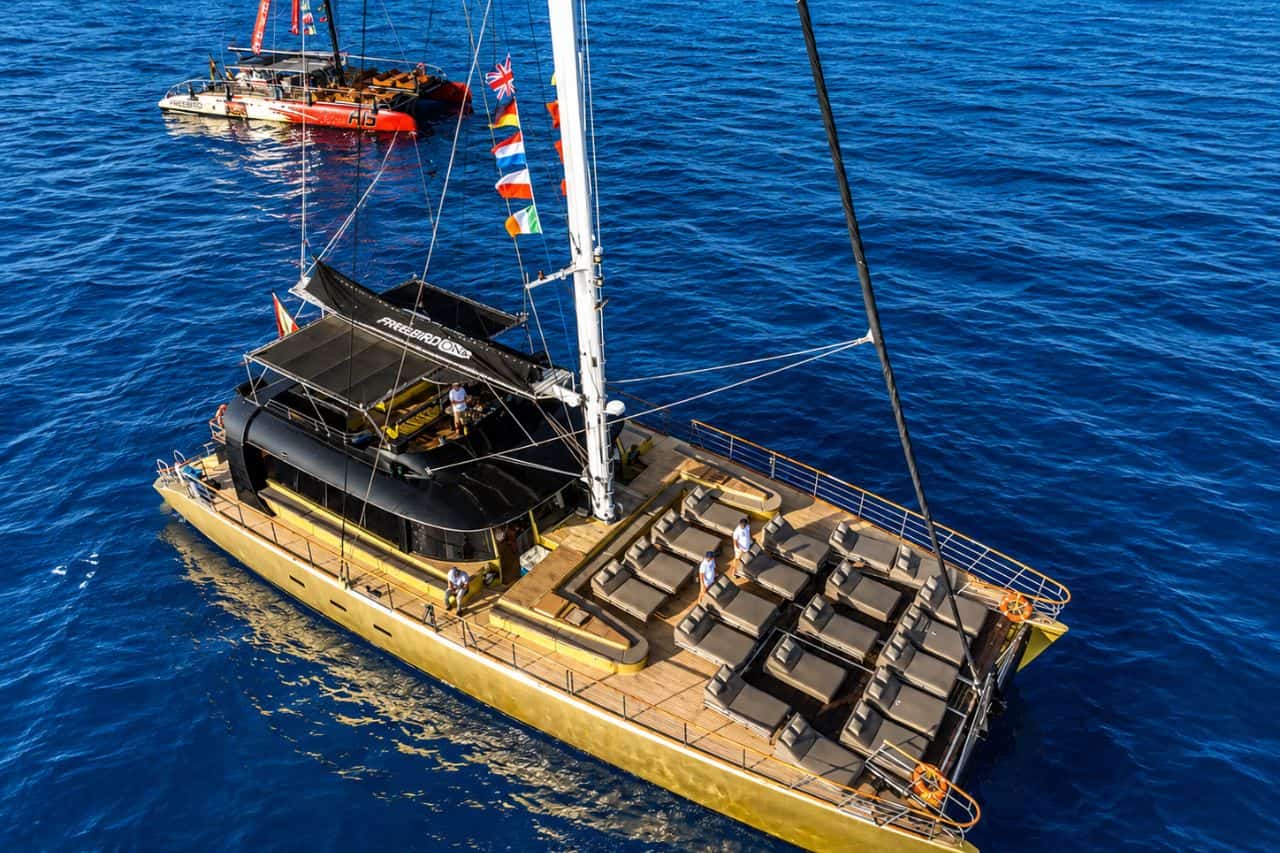 Aerial view of the spacious Freebird Gold sun deck with premium lounge seating, showing the layout available for corporate events, incentives and large private groups in Tenerife.