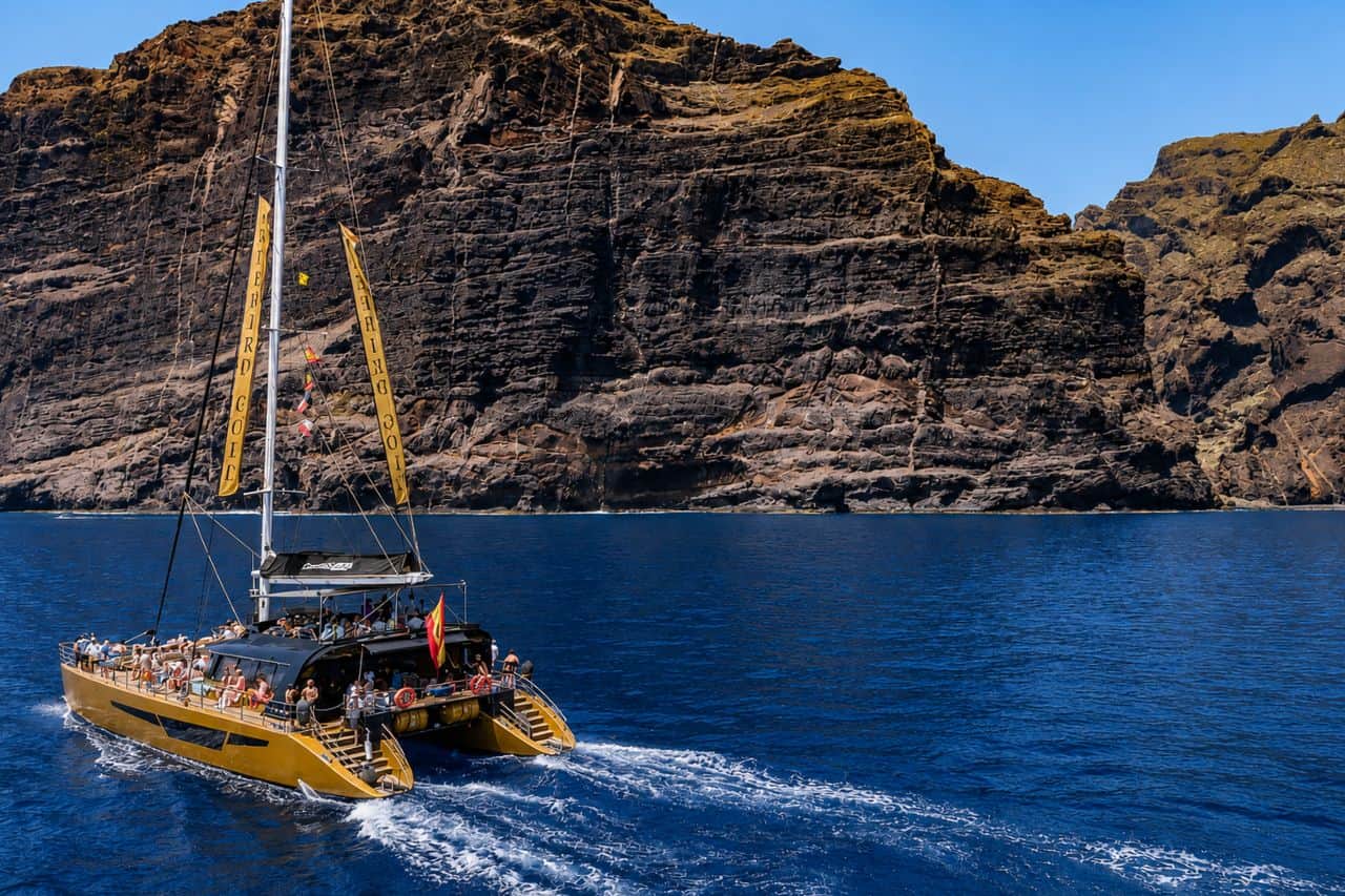 Freebird Gold cruising along the dramatic Los Gigantes coastline, showing the Tenerife scenery enjoyed during premium private group and corporate catamaran experiences.