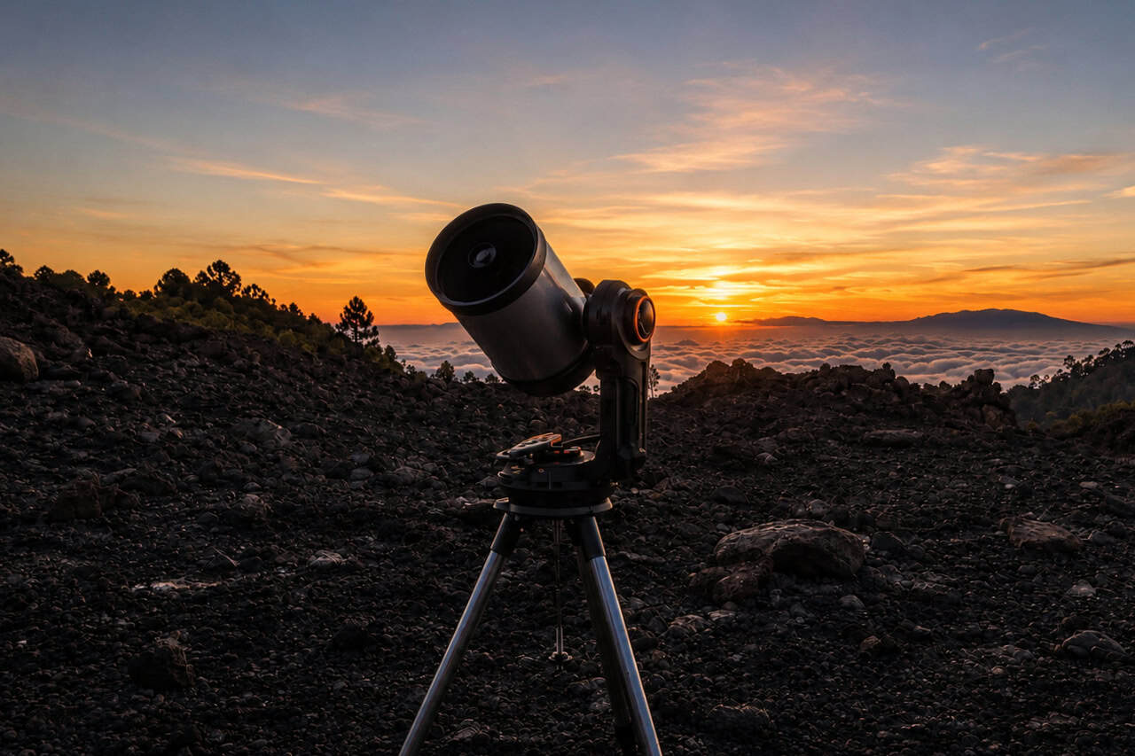 Private telescope setup overlooking the sunset and clouds in Teide