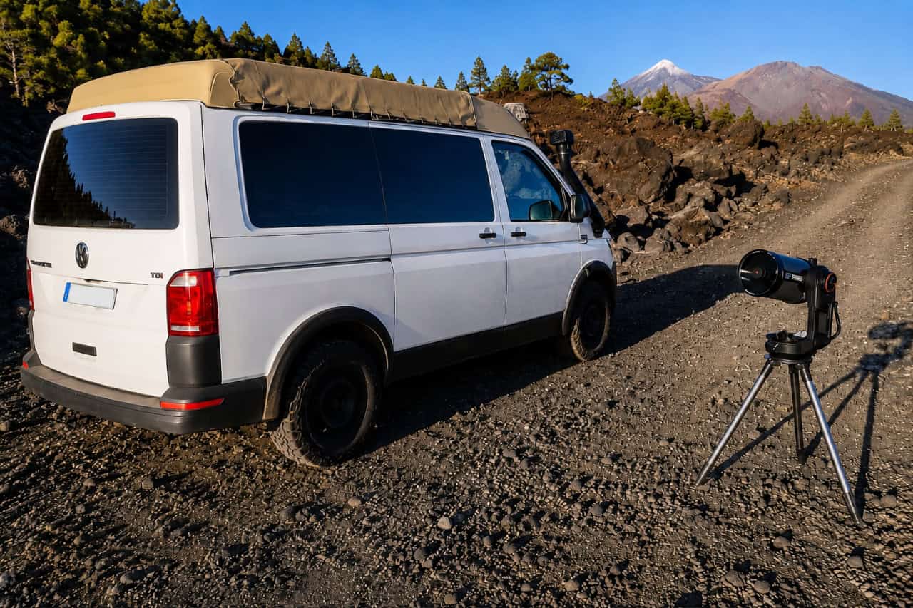 La furgoneta para grupos pequeños y el telescopio utilizados en la excursión al Teide
